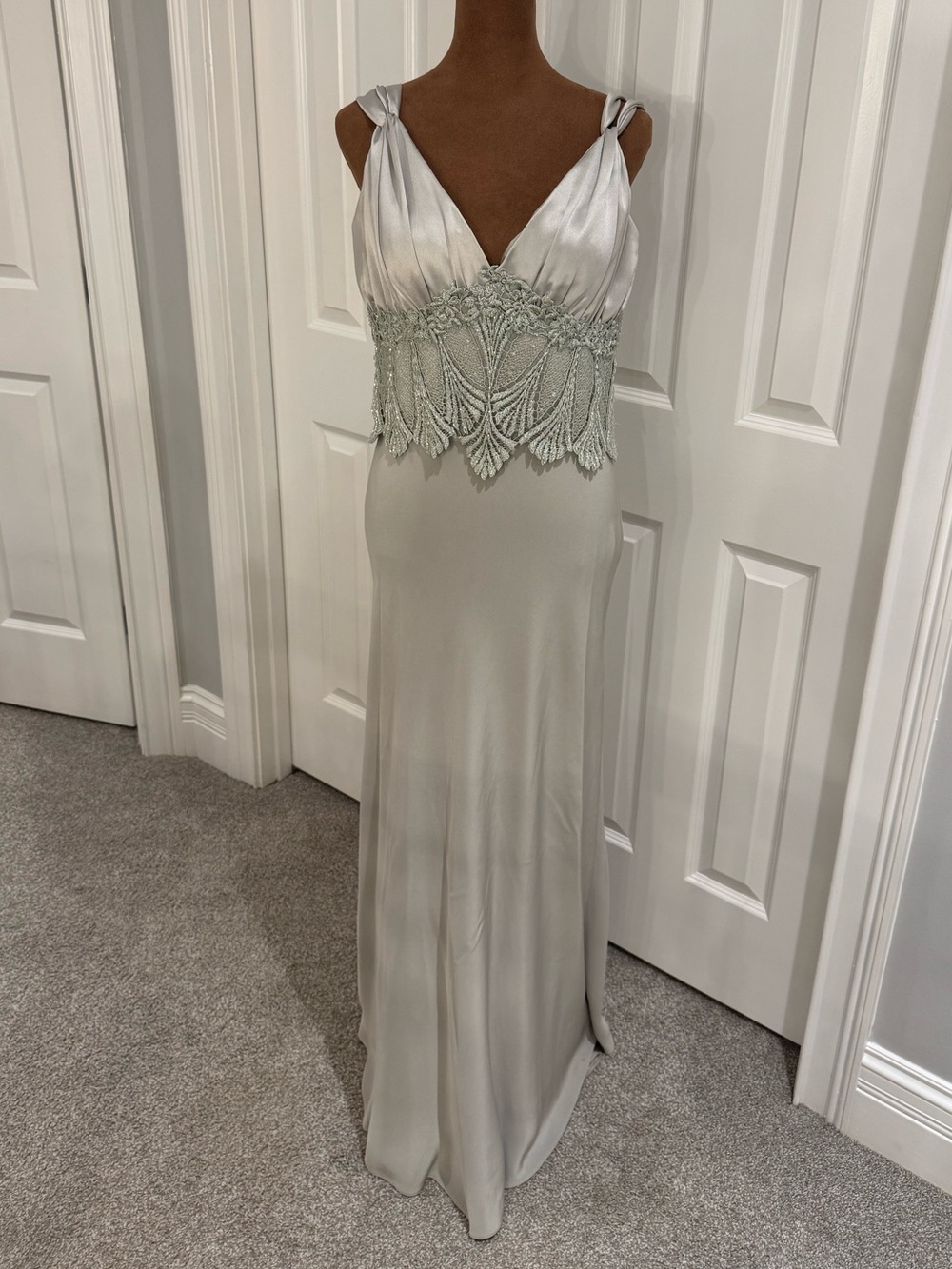 Mon Cheri Silver Sage Beaded Waist Maxi Dress